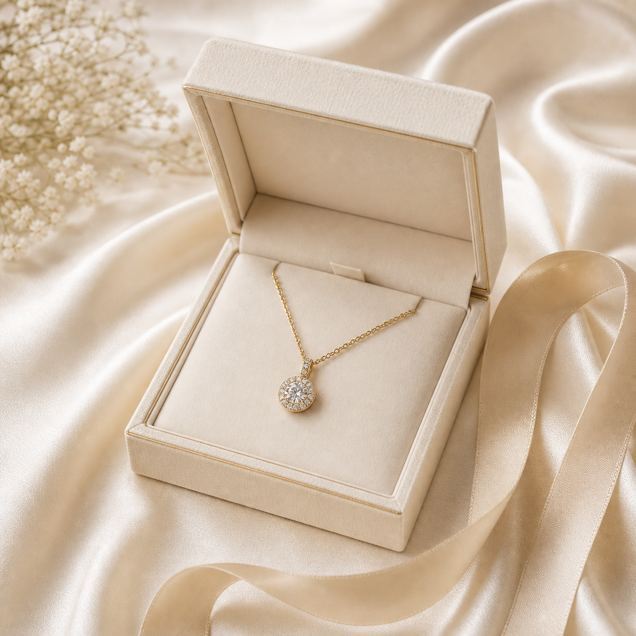 Gift-ready diamond pendant in a jewellery box