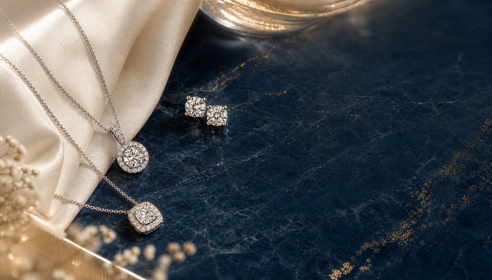 Diamond jewellery arranged on deep navy stone and ivory silk